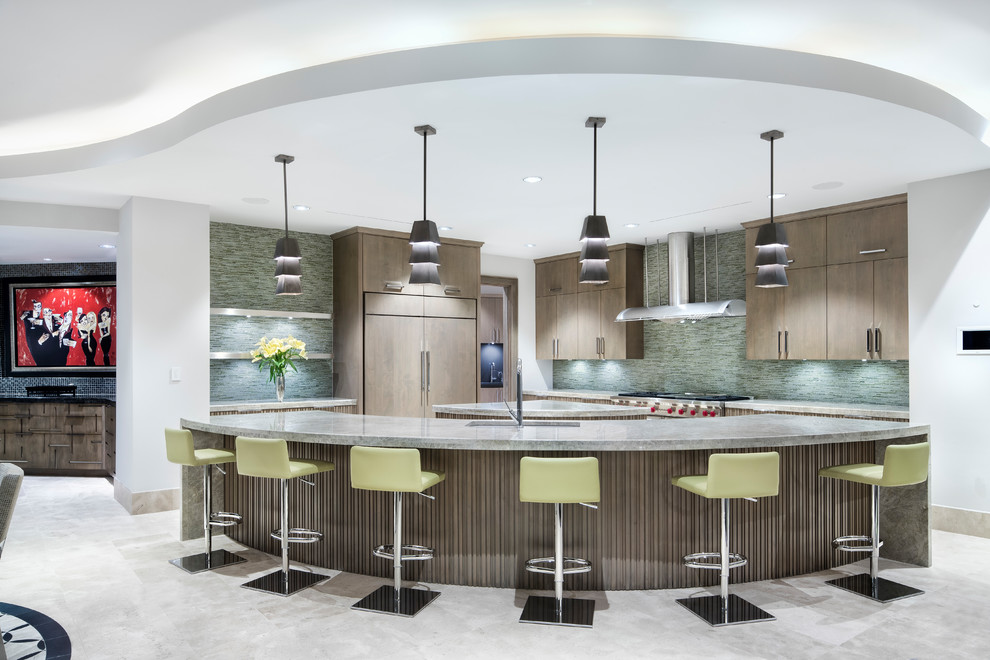 This is an example of an expansive contemporary kitchen in Houston with flat-panel cabinets, medium wood cabinets, green splashback, multiple islands, panelled appliances and beige floor.