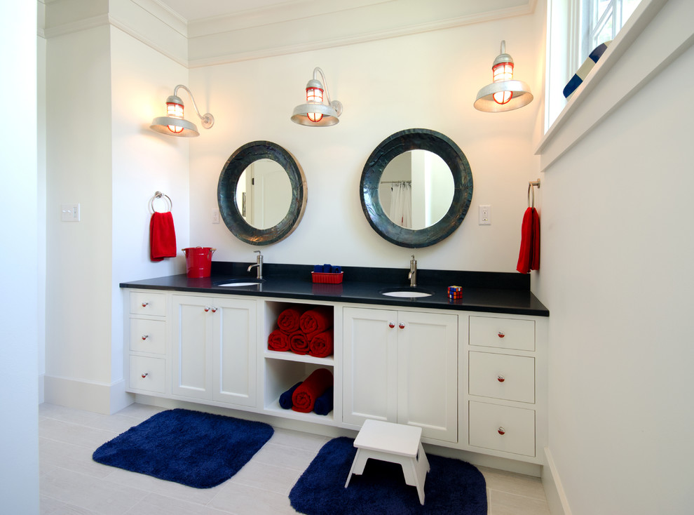 Design ideas for a beach style kids bathroom in Boston with white cabinets and shaker cabinets.