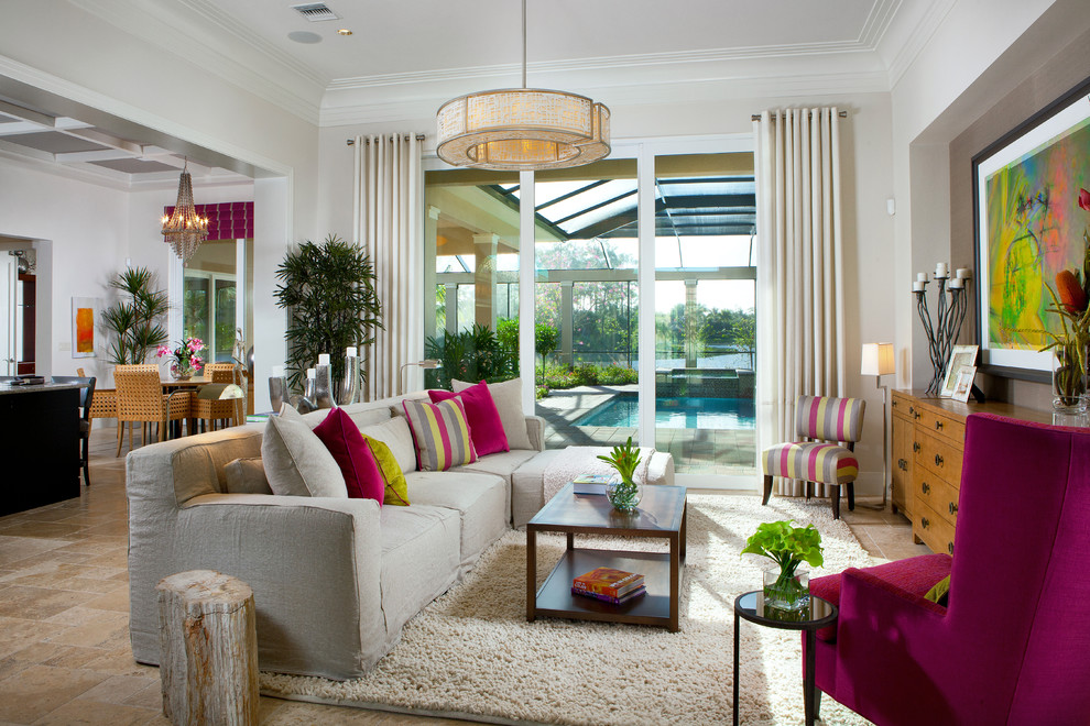 Photo of a contemporary open concept living room in Miami with beige walls.