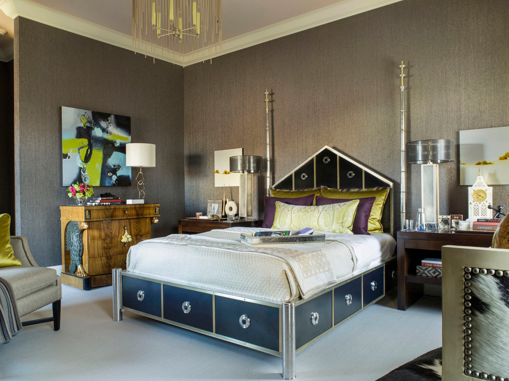 Inspiration for an eclectic bedroom in San Francisco with brown walls and carpet.