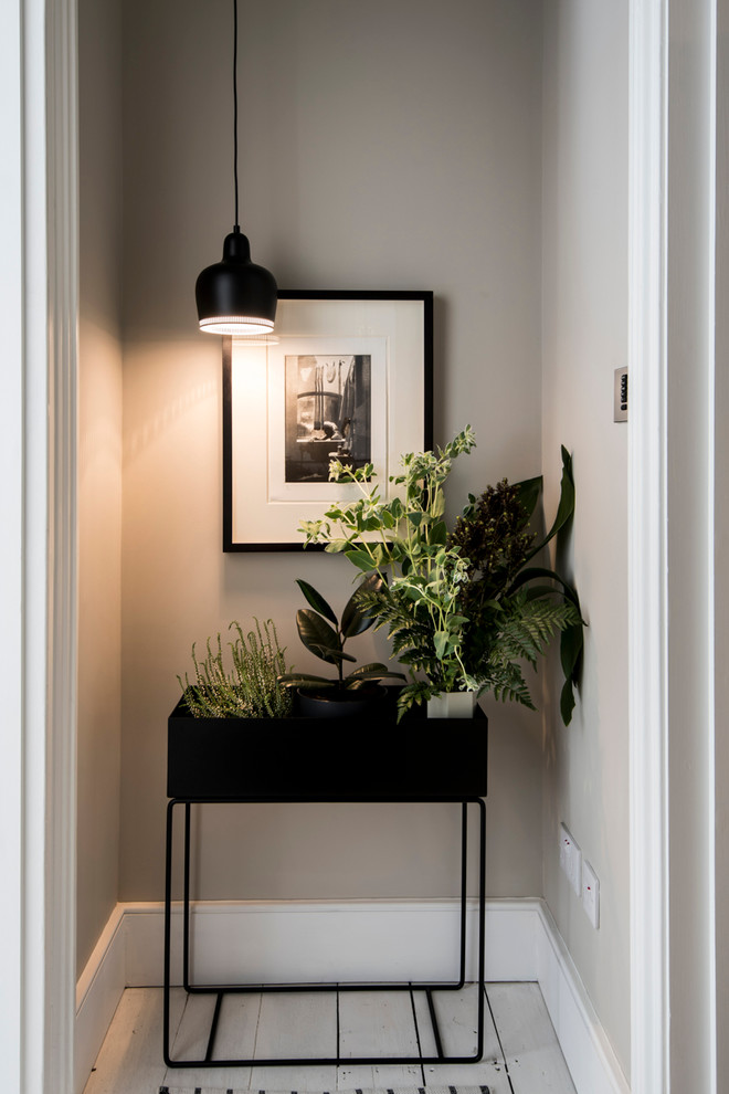 Photo of a contemporary entry hall in London with grey walls and painted wood floors.