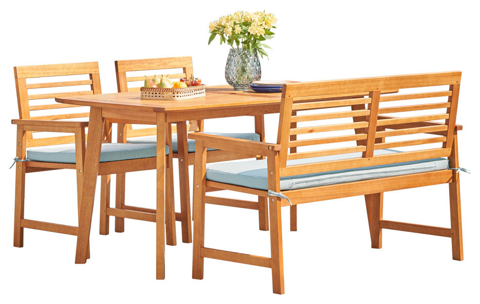 Waimea Honey 4Piece Slatted Eucalyptus Wood Patio Dining Set, Bench and Cushion Transitional