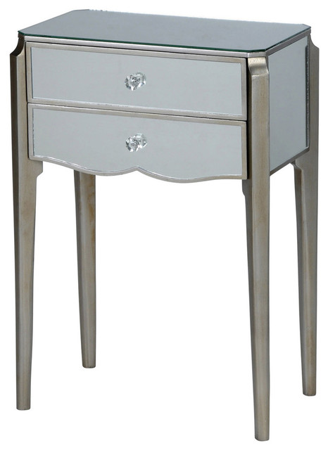 Dainty 2 Drawer Mirrored Wood Side Table Silver Leaf Finish Dainty 2 Drawer Mirrored Wood Side
