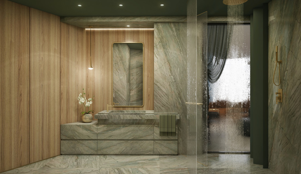 На фото: главная ванная комната среднего размера в современном стиле с фасадами островного типа, зелеными фасадами, душем без бортиков, унитазом-моноблоком, зеленой плиткой, мраморной плиткой, зелеными стенами, мраморным полом, монолитной раковиной, мраморной столешницей, зеленым полом, душем с распашными дверями, зеленой столешницей, нишей, тумбой под одну раковину, встроенной тумбой, кессонным потолком и деревянными стенами