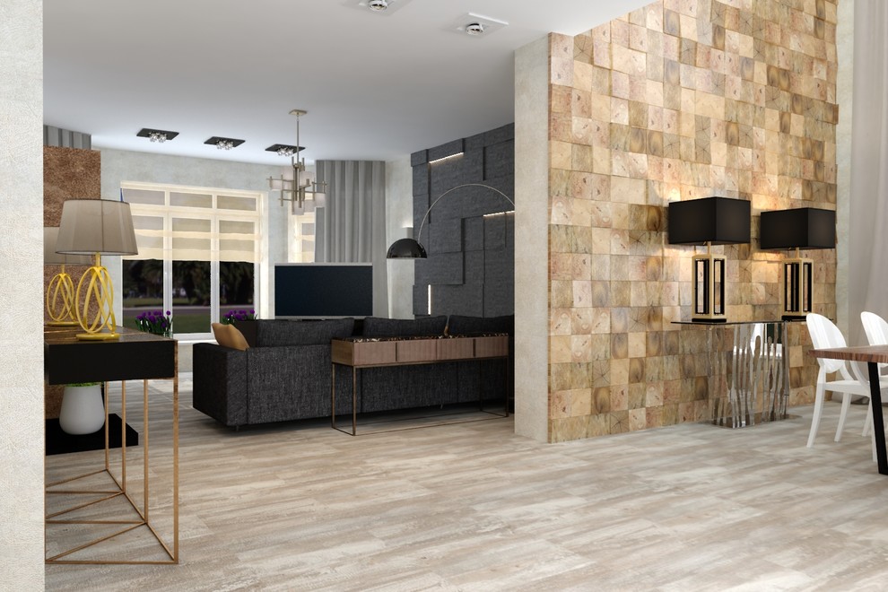 Дизайн проект гостиной столовой и кухонной зон.