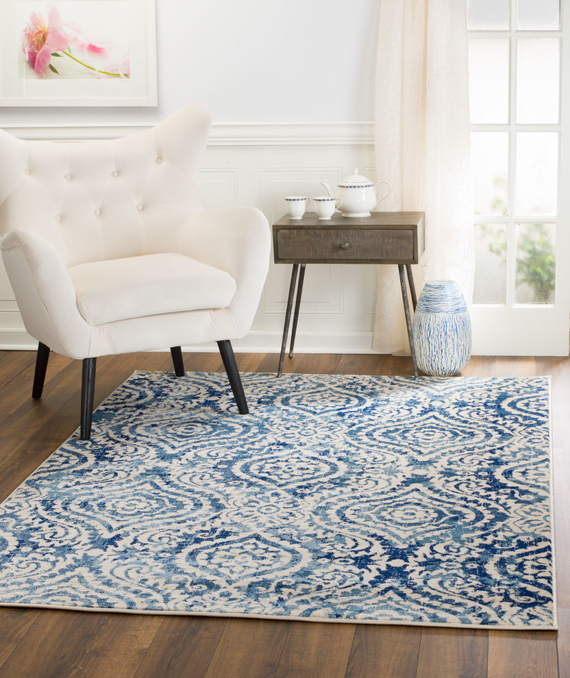 Madison Collection, HM411, White, Blue, Dark Blue, Modern Damask Area