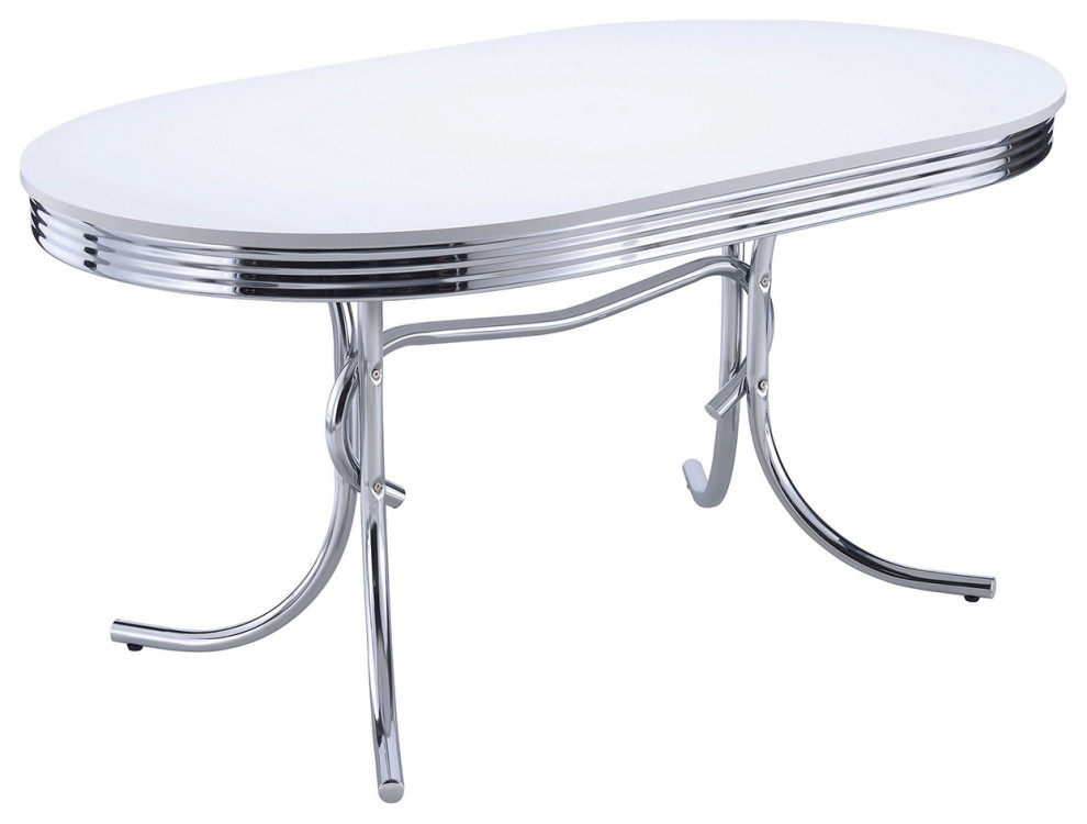 Oval Dining Table, Glossy White and Chrome Contemporary Dining