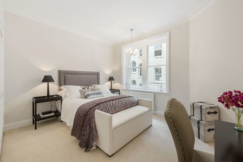 Transitional bedroom in London with grey walls and carpet.