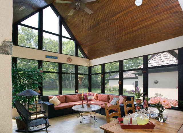 Screened Porch With Vaulted Stained Beadboard Ceiling And Concrete