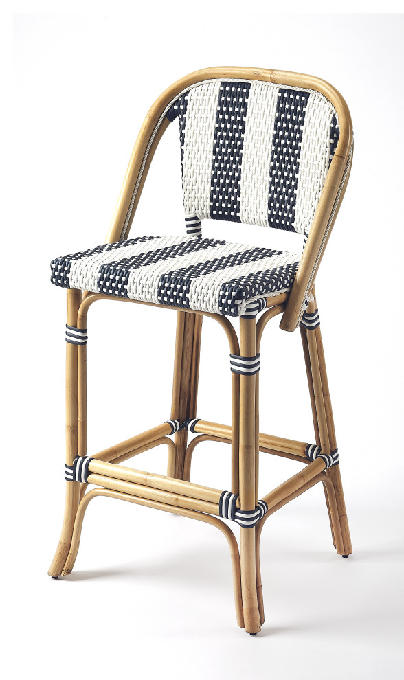 Butler Lila Blue and White Stripe Rattan Bar Stool Tropical Outdoor