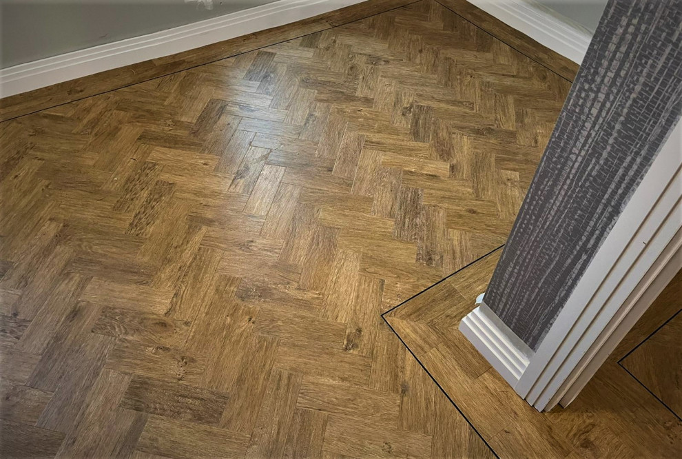 Hallway - contemporary vinyl floor and brown floor hallway idea in Hertfordshire