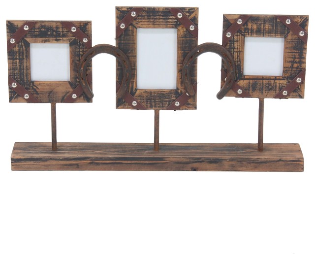Rustic 3 Opening Wood And Iron Photo Frame With Stand