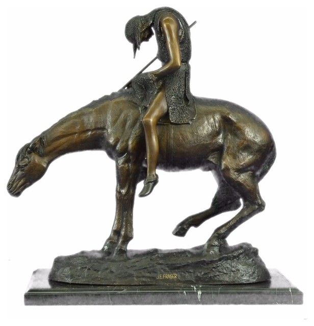 Signed American Remington Indian Man On Horse Bronze Sculpture Marble
