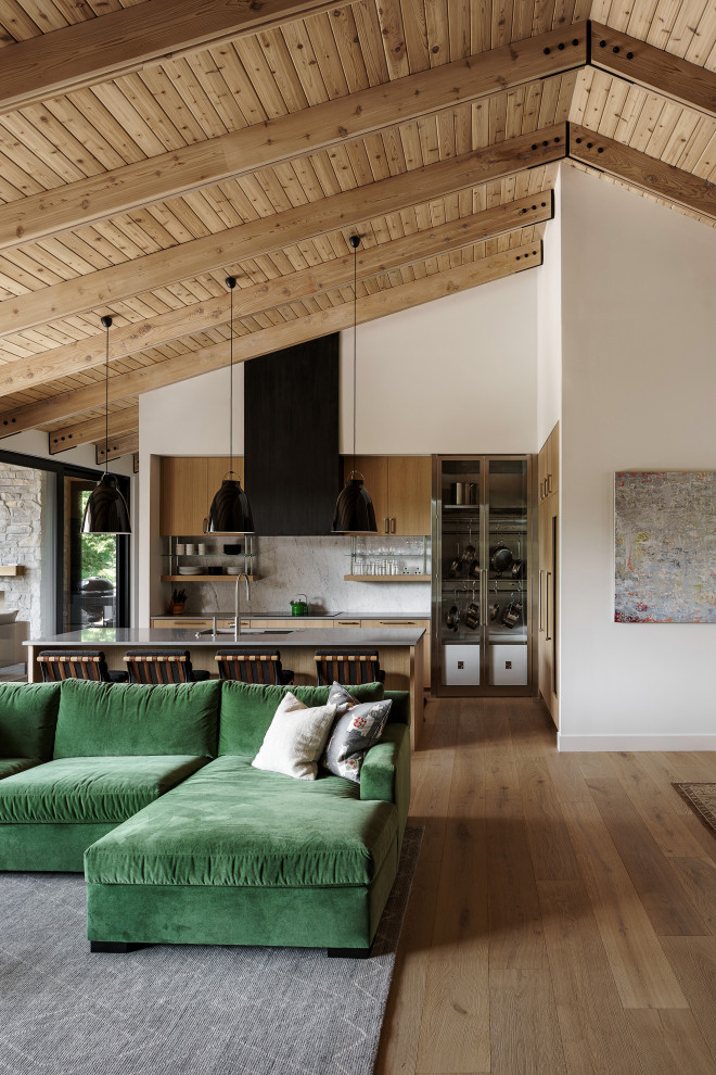 Trendy light wood floor and vaulted ceiling living room photo in Kansas City