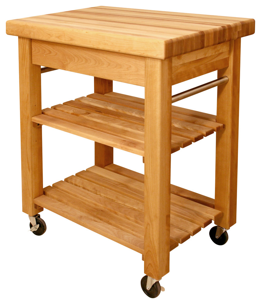 Catskill French Country Small Butcher Block Wood Kitchen Cart in Natural