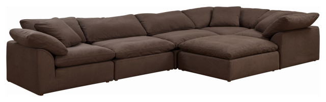 6PC Slipcovered L-Shape Sectional Sofa with Ottoman | Brown