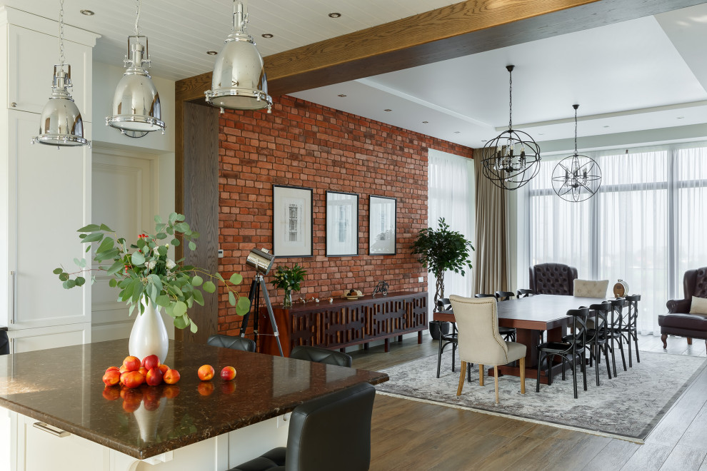 Inspiration for a large transitional open plan dining in Saint Petersburg with multi-coloured walls, porcelain floors, a corner fireplace, a tile fireplace surround, brown floor and brick walls.