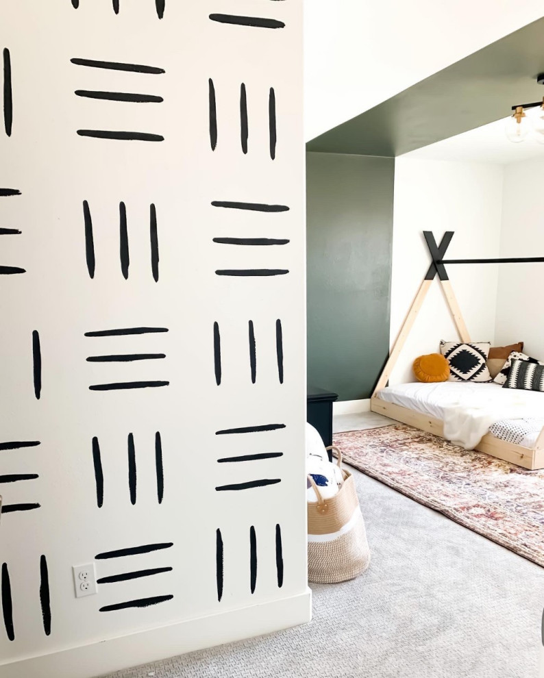 Mid-sized modern gender-neutral kids' bedroom in Indianapolis with green walls, carpet, grey floor and wood walls.