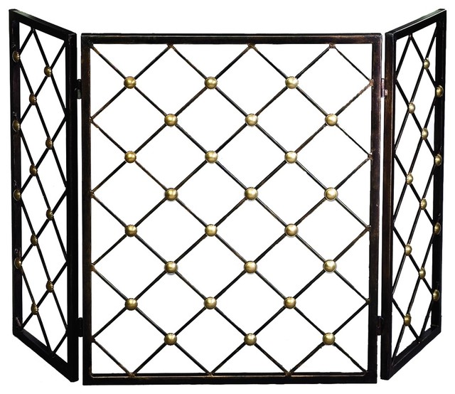 Three Panel Bronze Button Fire Screen With Brass Accents