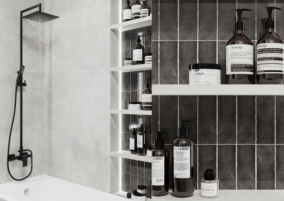 Полочки из плитки в ванной комнате