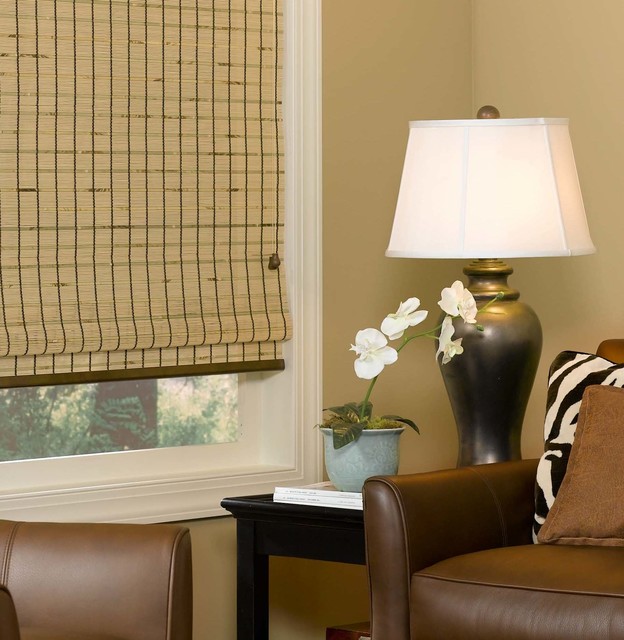 Woven Wood Blinds | Rustic Living Room | Brown | Cowhide Pillows