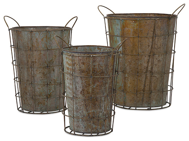 Leah Metal Flower Pots, Set of 3 - Industrial - Outdoor Pots And