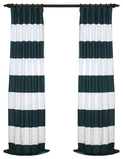 Dusk Blue Off White Horizontal Stripe Cotton Curtain