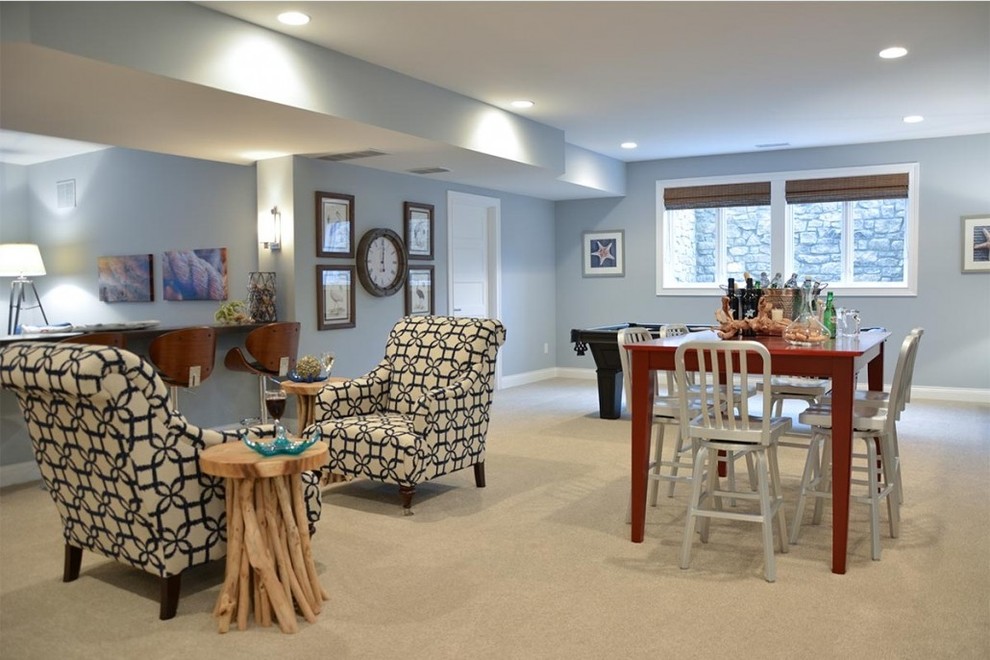 Basement - large transitional underground carpeted and beige floor basement idea in Indianapolis with gray walls and no fireplace