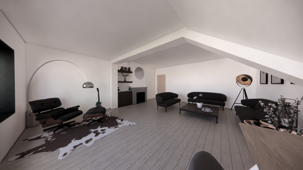 Cette photo montre un salon tendance de taille moyenne et fermé avec un mur blanc, parquet clair, une cheminée standard, un sol gris, un plafond décaissé et un mur en parement de brique.