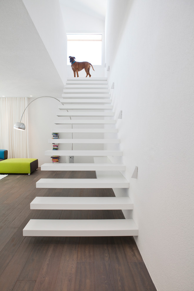 This is an example of a mid-sized contemporary straight staircase in Other with open risers.