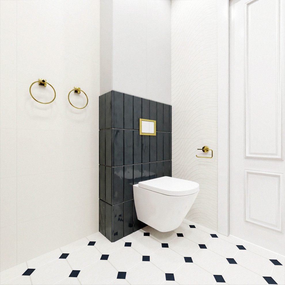 Diseño de cuarto de baño único clásico de tamaño medio con ducha a ras de suelo, paredes blancas, aseo y ducha, suelo blanco y ducha abierta