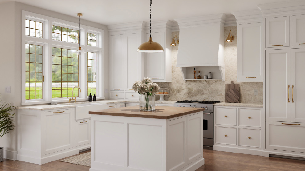 Inspiration for a mid-sized transitional l-shaped eat-in kitchen in Vancouver with a farmhouse sink, shaker cabinets, white cabinets, granite benchtops, beige splashback, granite splashback, panelled appliances, medium hardwood floors, with island, brown floor and beige benchtop.