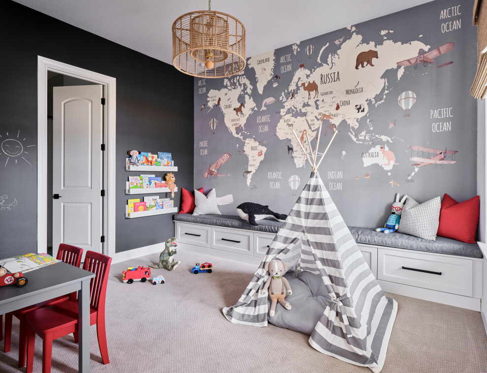 Photo of a mid-sized transitional gender-neutral kids' playroom in Austin with blue walls, carpet, beige floor and wallpaper.