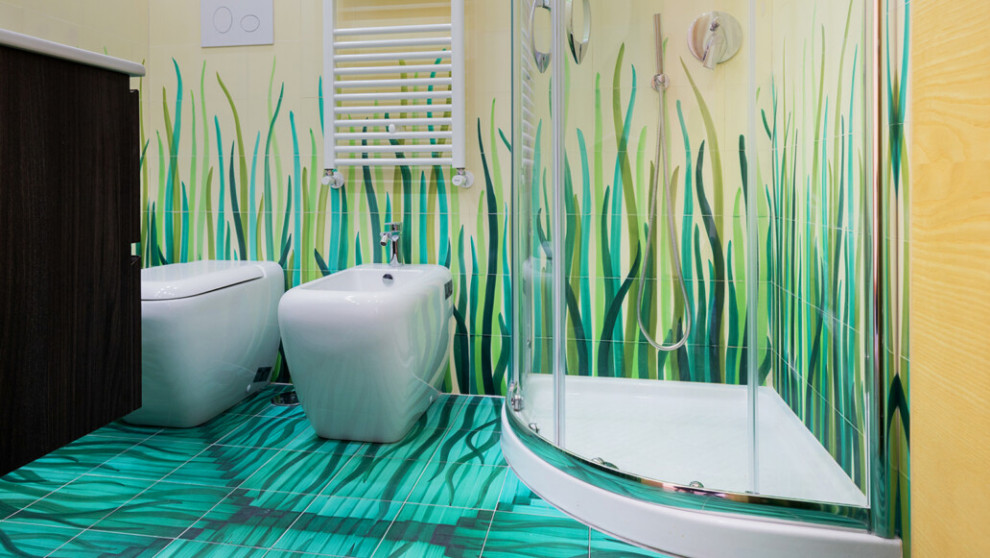 Design ideas for a mediterranean bathroom with green tiles, ceramic tiles, white walls and green floors.