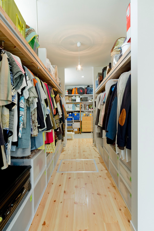 This is an example of a scandinavian walk-in wardrobe in Other with open cabinets, light wood cabinets and light hardwood floors.