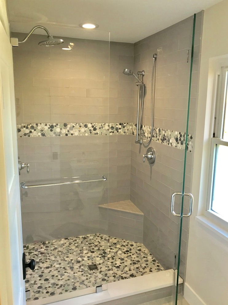 Design ideas for a mid-sized beach style master bathroom in Miami with a double shower, multi-coloured tile, ceramic tile, grey walls, ceramic floors, multi-coloured floor and a hinged shower door.