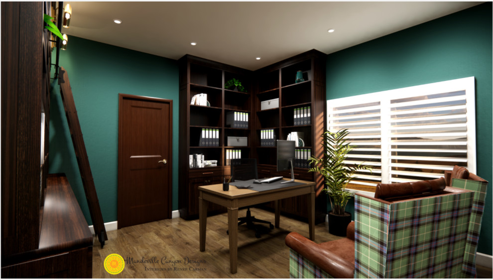 Imagen de despacho clásico renovado de tamaño medio con biblioteca, paredes verdes, suelo vinílico, escritorio independiente y suelo marrón
