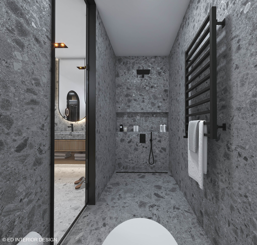 Idéer för att renovera ett mellanstort funkis en-suite badrum, med släta luckor, en kantlös dusch, en vägghängd toalettstol, terrazzogolv, ett nedsänkt handfat och grått golv