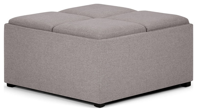 Contemporary Ottoman, Square Design With 4 Flip Over Trays, Cloud Grey