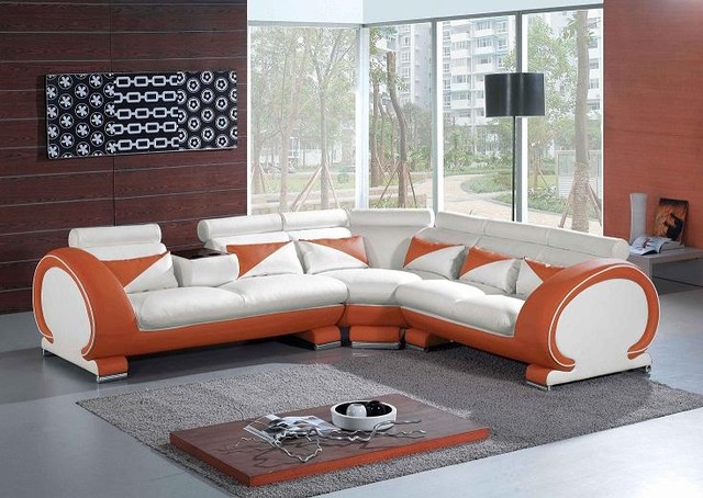 Orange And White Leather Sectional Sofa With Adjustable Headrest