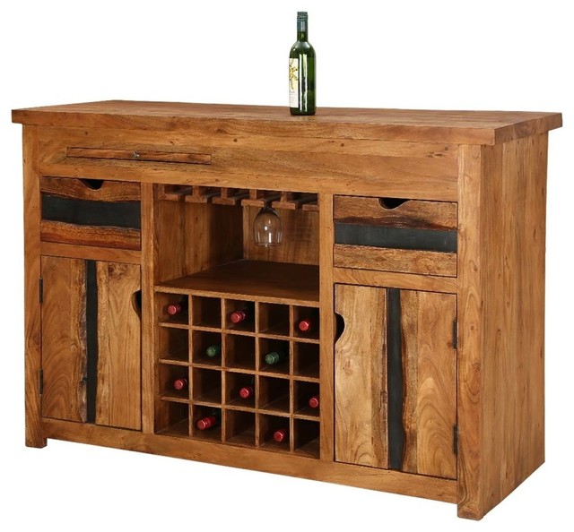 Modern Pioneer Acacia Wood Live Edge Home Bar Buffet Cabinet