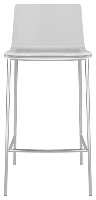 30" Clear And Silver Plastic Low Back Bar Height Bar Chairs With Footrest, Acrylic/Nickel, Counter Height