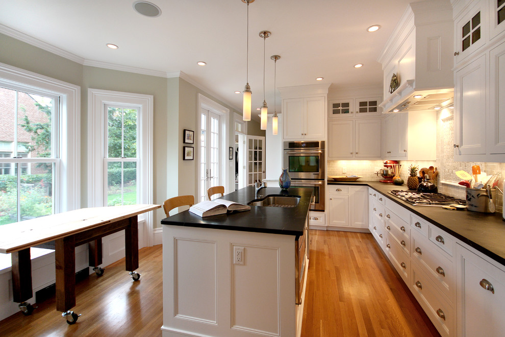 Traditional kitchen in Boston with stainless steel appliances.