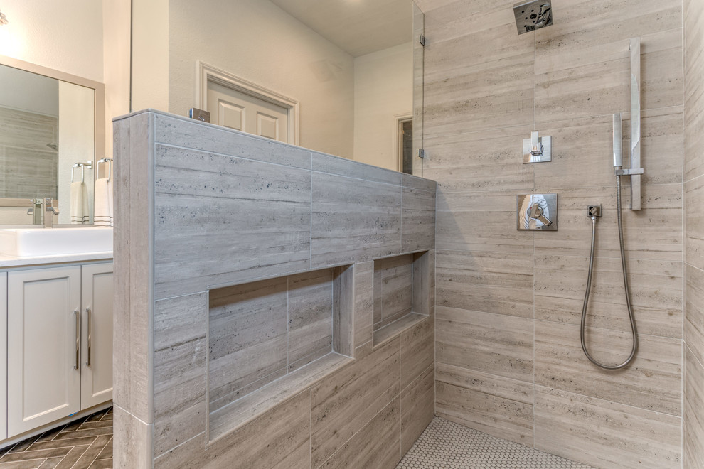 Small contemporary master bathroom in Dallas with shaker cabinets, grey cabinets, an open shower, a two-piece toilet, gray tile, ceramic tile, white walls, ceramic floors, a vessel sink, engineered quartz benchtops, grey floor, an open shower and white benchtops.