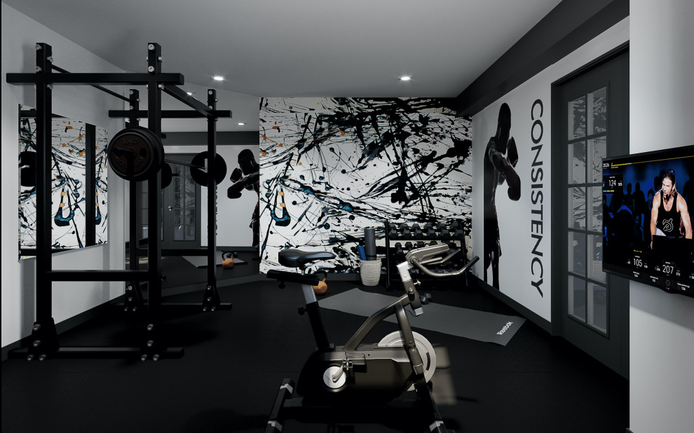 Inspiration for a mid-sized transitional home gym in DC Metro with blue walls, cork floors and black floor.