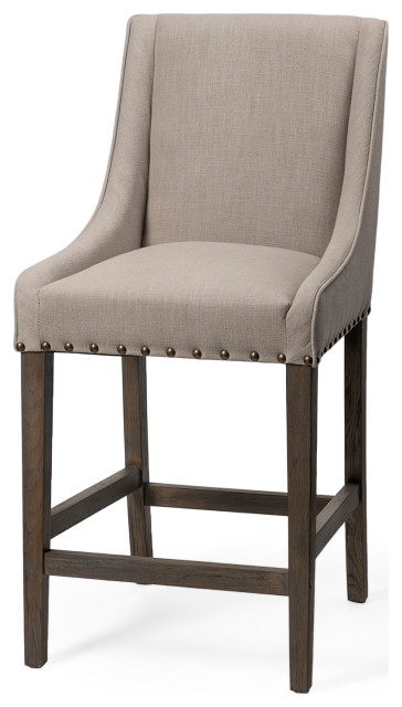 Kensington Beige Fabric Seat with Brown Solid Wood Frame Counter Stool
