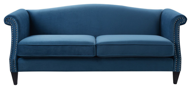 Elaine Camel Back Sofa Nailhead Accents Satin Teal