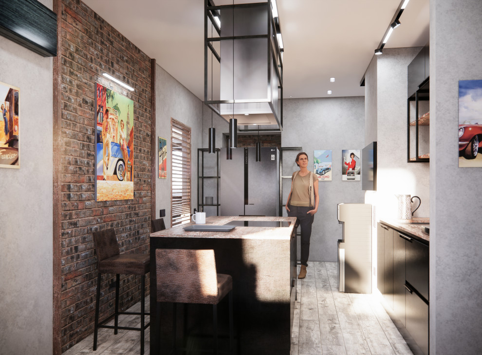 Квартира в Москве в стиле лофт, кухня, холл, санузел, кладовая. 2020 г.