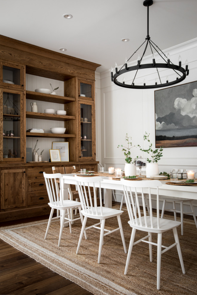 Design ideas for a mid-sized transitional open plan dining in Other with white walls, medium hardwood floors, brown floor and panelled walls.