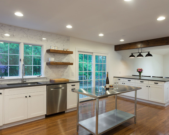 Photo of a mid-sized contemporary galley eat-in kitchen in Chicago with an undermount sink, shaker cabinets, white cabinets, marble benchtops, white splashback, marble splashback, stainless steel appliances, medium hardwood floors and with island.